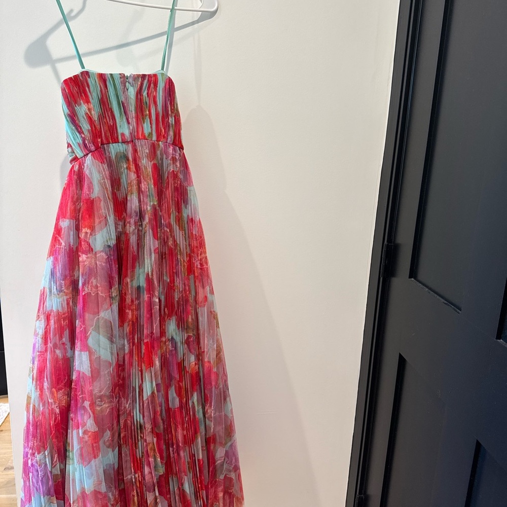 Anthropologie Strapless Red Floral Pleated Maxi Dress - Picture 4 of 6